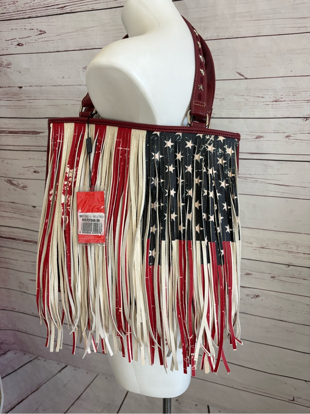 Montana West Fringe American Flag Tote Bag Red Patriotic Western Purse NWT